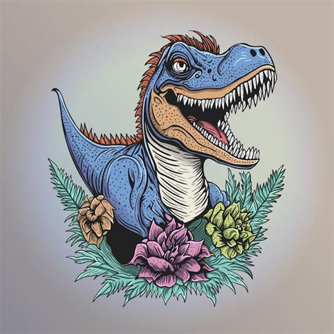 Premium Vector Prehistoric Animal Dinosaur Rex With Flowers Illustration