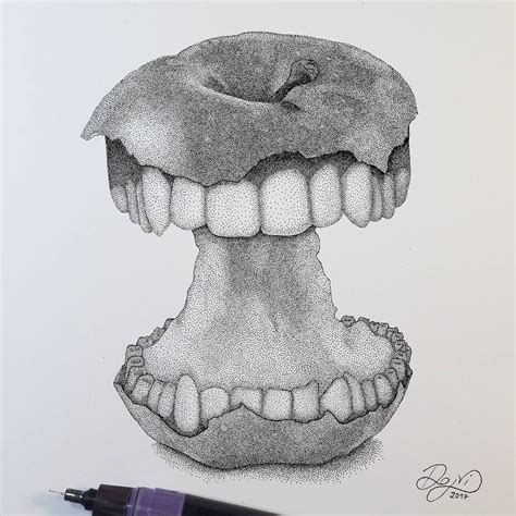 A Pencil Drawing Of An Apple With Teeth And Gums On Its Side