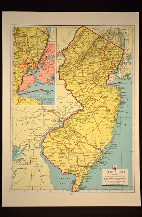 New Jersey Map Of New Jersey Wall Art Decor Vintage Old 1940s Etsy