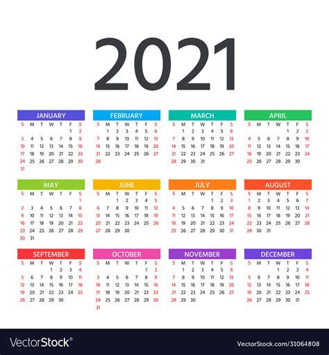 Free printable yearly calendar 2021. 2021 calendar template year planner Royalty Free Vector