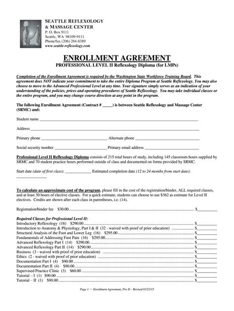 seattle reflexology and massage center enrollment agreement 2015 fill and sign printable