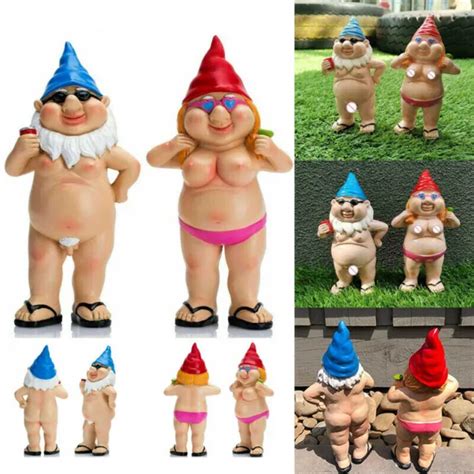 Pair Nude Statuary Garden Gnomes Naughty Naked Funny Statue Decor