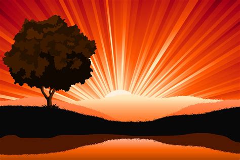 Amazing Natural Sunrise Landscape With Tree Silhouette Vector