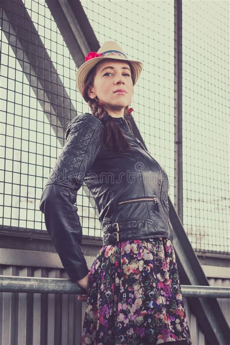 2089 Pretty Girl Hat Leather Jacket Posing Stock Photos Free