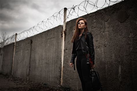 long hair leather jackets black clothing brunette ilya baranov model barbed wire wall