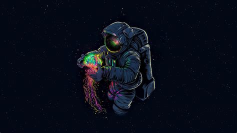 An Astronaut In Outer Space Holding A Glowing Object With Neon Colors