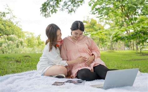 feliz mujer embarazada familia lesbiana relajándose en el parque las