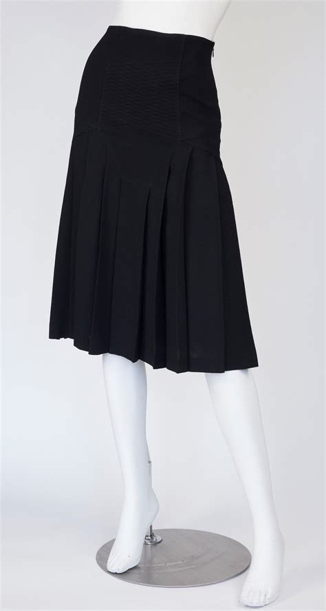 John Galliano 1990s Black Wool Crepe Pleated Knee Length Skirt