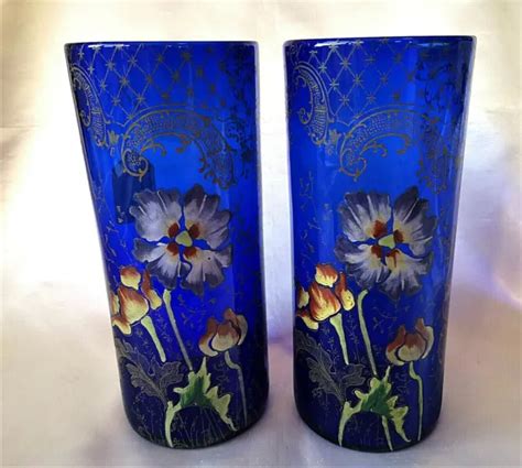 Pair Of Legras Art Nouveau Cobalt Blue Glass Anemony Enamelled Cylinder