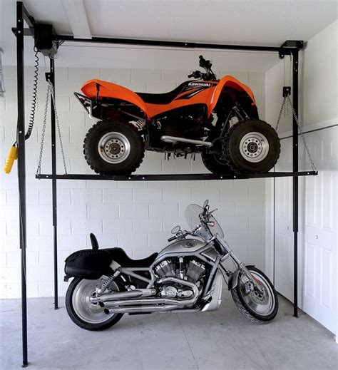 A unique pulley locking mechanism on this bicycle lift quickly hoists your bike for easy storage, giving you extra space in your garage. ATV Lift Garage Storage Platform - Store Motorcycles ...