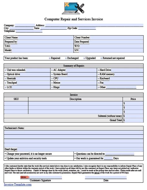 Free Computer Repair Service Invoice Template Excel Pdf Word Doc