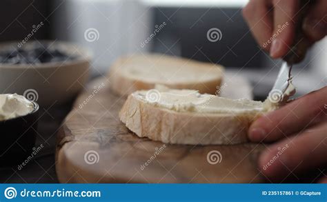Man Hand Spreading Cream Cheese On Slice Of Ciabatta Stock Image Image Of Fresh Cream