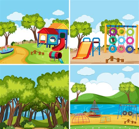 Four Background Scenes With Playgrounds And Forest 606006 Vector Art At