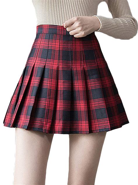 Tetyseysh Womens High Waist Mini Plaid Uniform Skirt Skater Skirts For