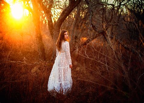 Wallpaper Sunlight Forest Women Outdoors Model White Dress Golden Hour Looking Back