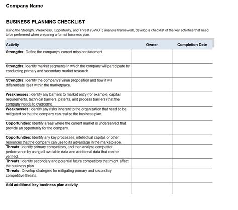 Business Plan Checklist Template In Excel Download Xlsx