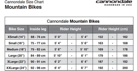 Cannondale Mountain Bike Frame Size Chart