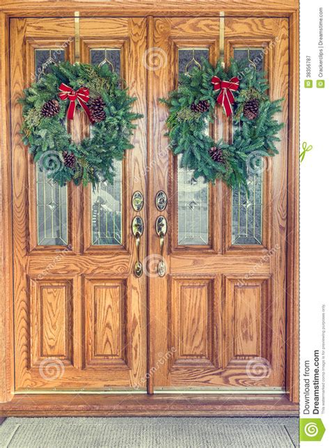 Christmas Wreaths On Front Doors Stock Image Image Of