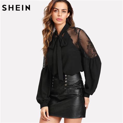 Shein Black Long Lantern Sleeve Blouse Elegant Women Tops Office Wear