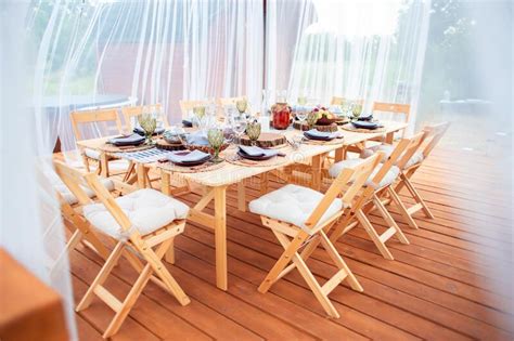 Table Setting In The Open Air For A Large Company Stock Image Image