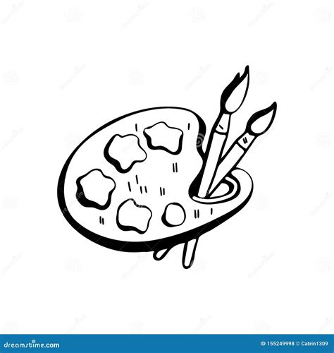 Artist`s Palette With Paints And Brushes Black And White Vector
