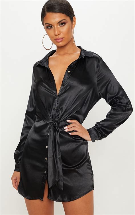 black knot front satin shirt dress dresses prettylittlething ksa