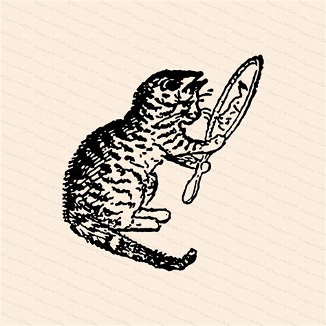 Victorian Cat With Mirror Clipart Vintage Cat Looking Into Etsy