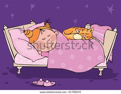 Little Girl Sleeps Bed Cat Vector De Stock Libre De Regalías