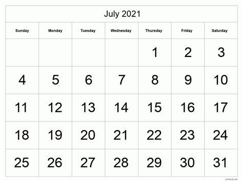 Printable July 2021 Calendar Big Dates