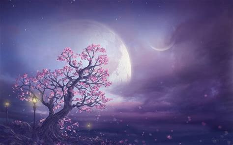Hd Wallpaper Painting Of Pink Cherry Blossom Tree Stars Trees Sky