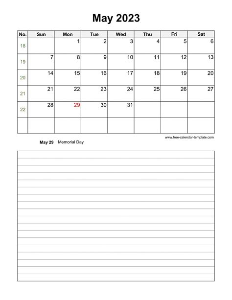 Yearly 2023 Calendar Printable With Space For Notes Free Calendar