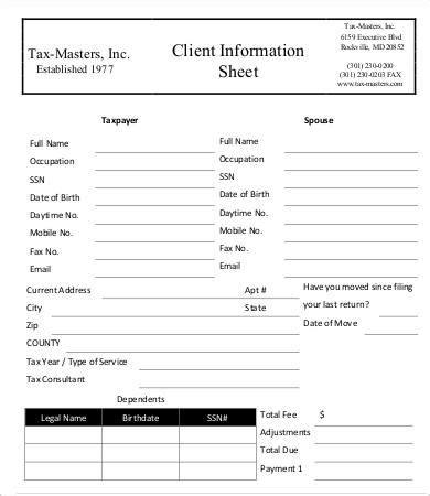 printable client information sheet templates