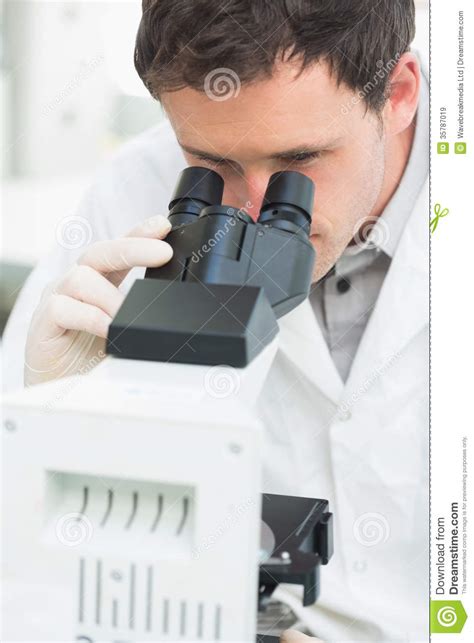 Male Scientific Researcher Using Microscope In Laboratory Stock Image