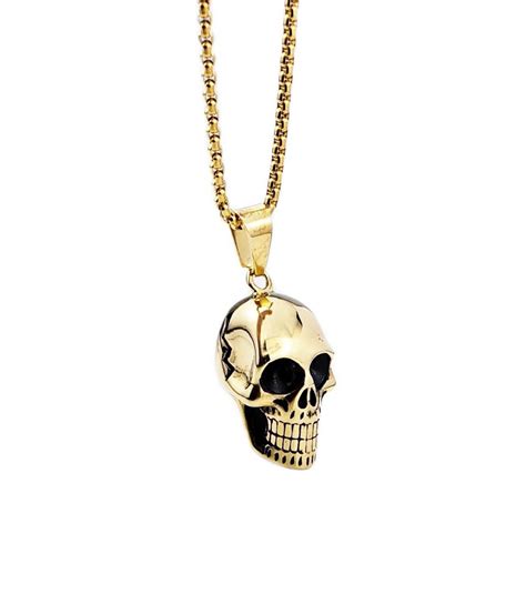 Mens Gold Steel Skull Necklace Mens Etsy Mens Gold Skull