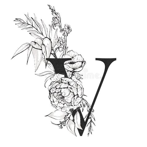 Graphic Floral Alphabet Letter V With Black And White Flowers Bouquet