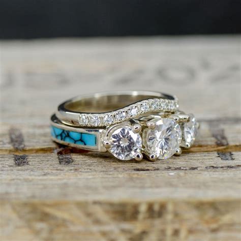 White Gold 3 Moissanites Turquoise With Stacking Band Turquoise