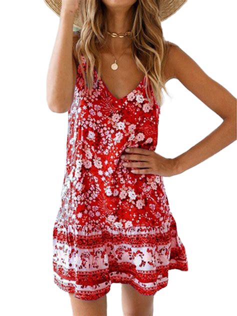 Womens Boho Floral Sleeveless V Neck Sundress Beach Loose Summer Mini Dresses