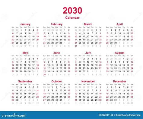 Calendar 2030 Template Vector Simple Minimal Design Planner 2030 Year