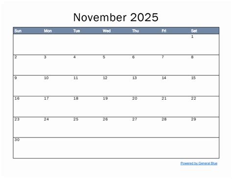 Monthly calendar template for november 2025