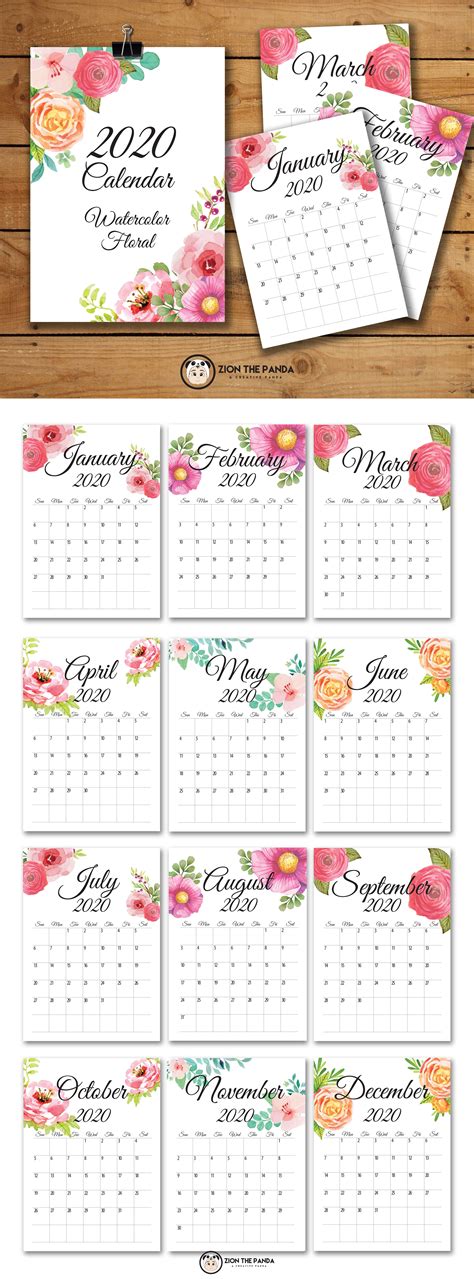 Year 2020 Watercolor Floral Calendar Floral Printables Planner