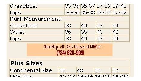 indian size chart to us clothing