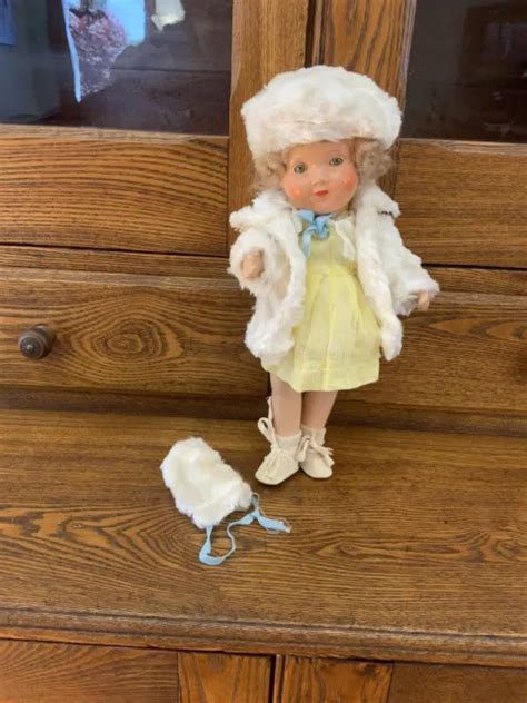 Vintage Unmarked All Composition Jointed Doll 12in Sleep Eyes Fur Coat
