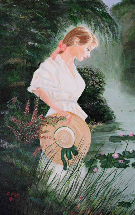 Vintage Oil Painting Portrait Lady Standing By The Water