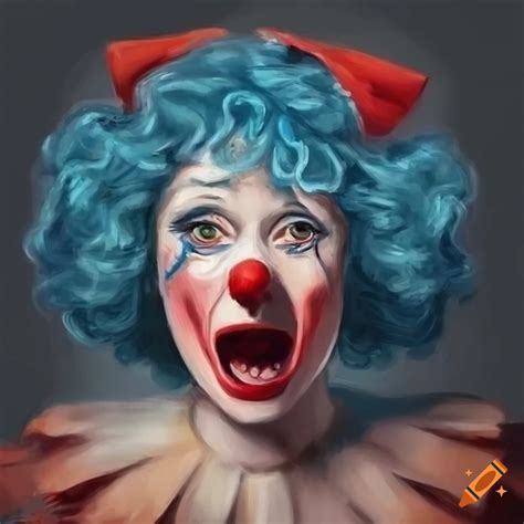 Portrait Of A Terrified Lady Clown With Blue Hair