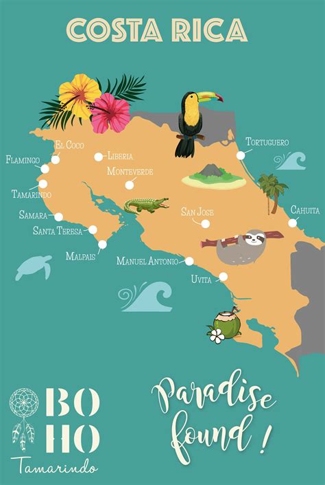 An Illustrated Map Of Costa Rica With All The Main Cities And Their