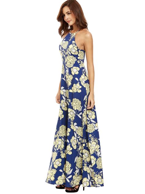 Halter Neck Floral Print Maxi Dress SheIn Sheinside