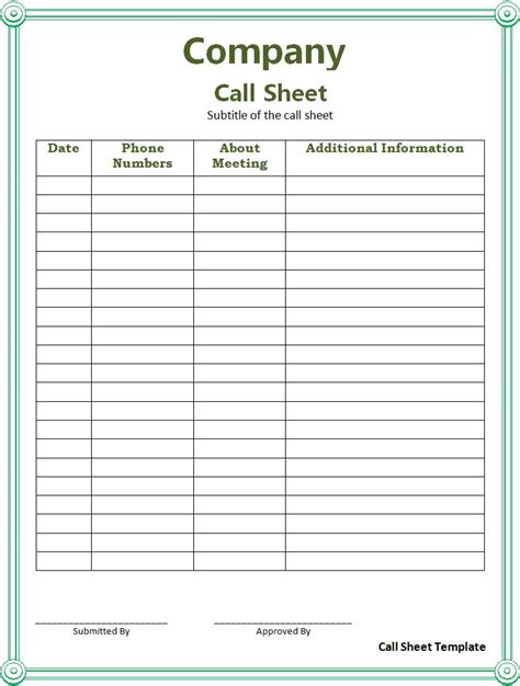 Business Call Sheet Free Word Templates