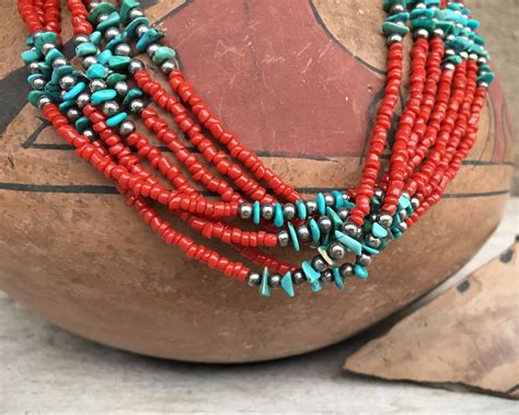 Vintage 7 Strand Coral Bead And Turquoise Chip Necklace Southwestern
