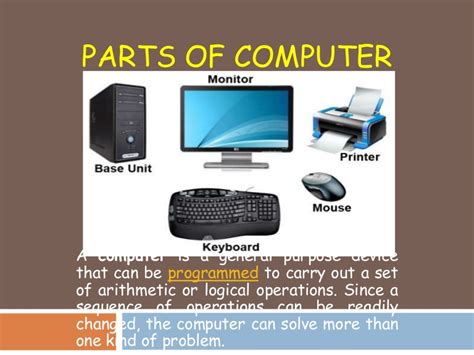 Computer basics there are many types of computers including types of computers there are 3 main types of pcs desktop portable (notebook/laptop) when portable (notebook/laptop) computers were first created they parts of a computer there are two basic parts that make up a computer. Parts of computer powerpoint