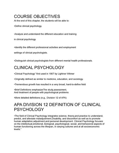 Intro To Clinical Psych Reviewer COURSE OBJECTIVES At The End Of This Chapter The Babes